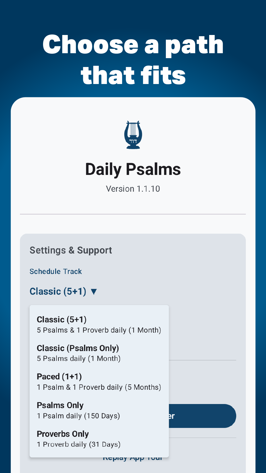 Daily Psalms reading path selection screen